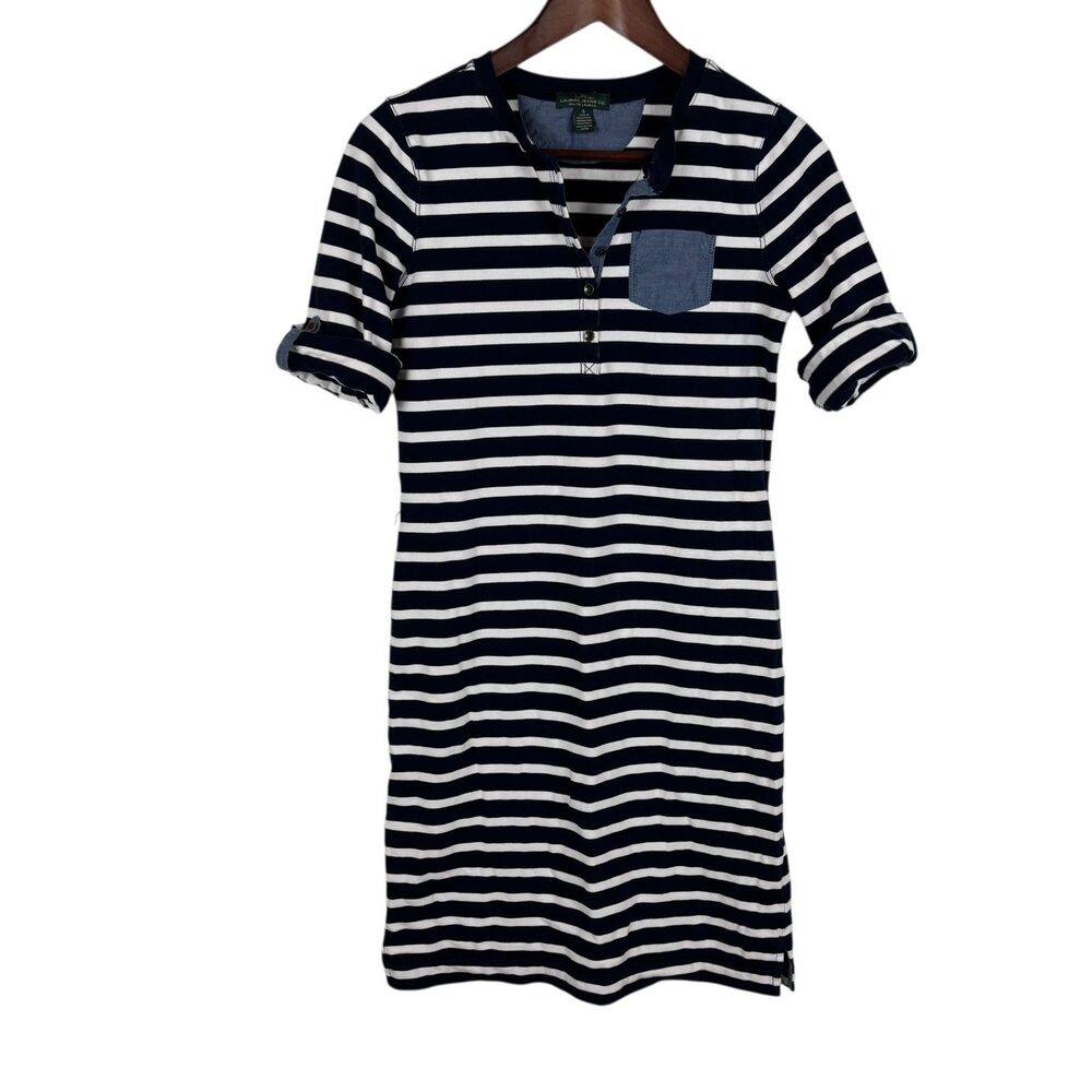 Lauren Ralph Lauren Navy Blue White Striped Knit Pencil Dress Women's Small